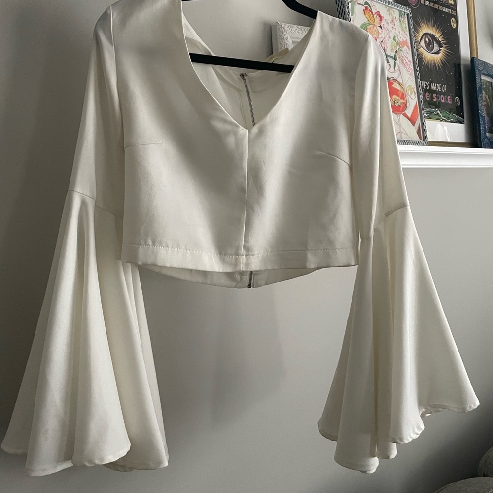 Ivory Bell Sleeve Crop Top with Back Zipper
